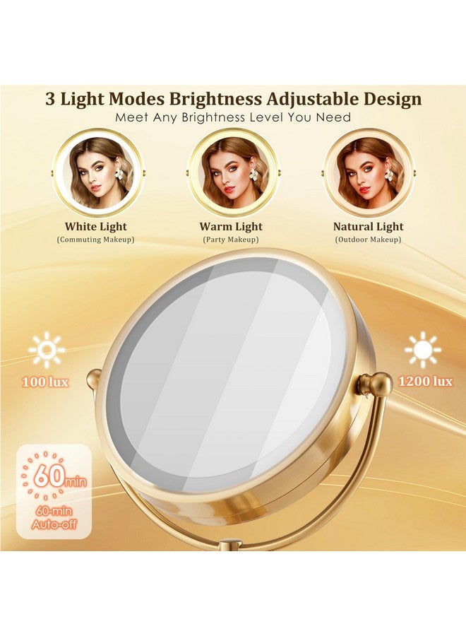 فيسور مرآة مكياج كبيرة مضيئة باللون الذهبي من VESAUR مقاس 8.5 بوصة، مرآة مكبرة شفافة بدون درزات 1X/10X، مرآة زينة ساطعة مع أضواء قابلة للتعتيم بثلاثة ألوان، قاعدة ثابتة تدور بزاوية 360 درجة على الوجهين، نيكل فاخر، صندوق هدايا - Image 3