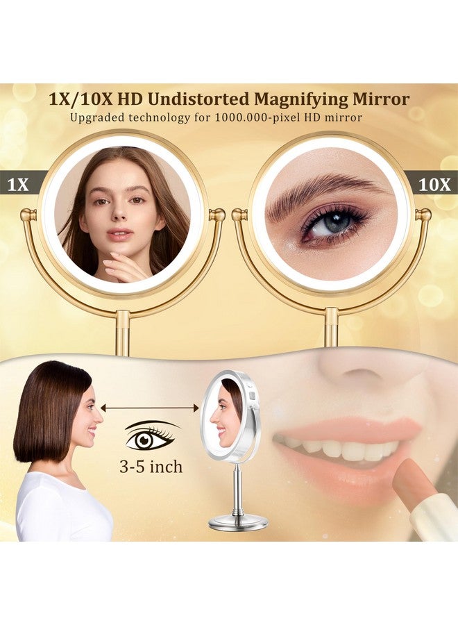فيسور مرآة مكياج كبيرة مضيئة باللون الذهبي من VESAUR مقاس 8.5 بوصة، مرآة مكبرة شفافة بدون درزات 1X/10X، مرآة زينة ساطعة مع أضواء قابلة للتعتيم بثلاثة ألوان، قاعدة ثابتة تدور بزاوية 360 درجة على الوجهين، نيكل فاخر، صندوق هدايا - Image 4