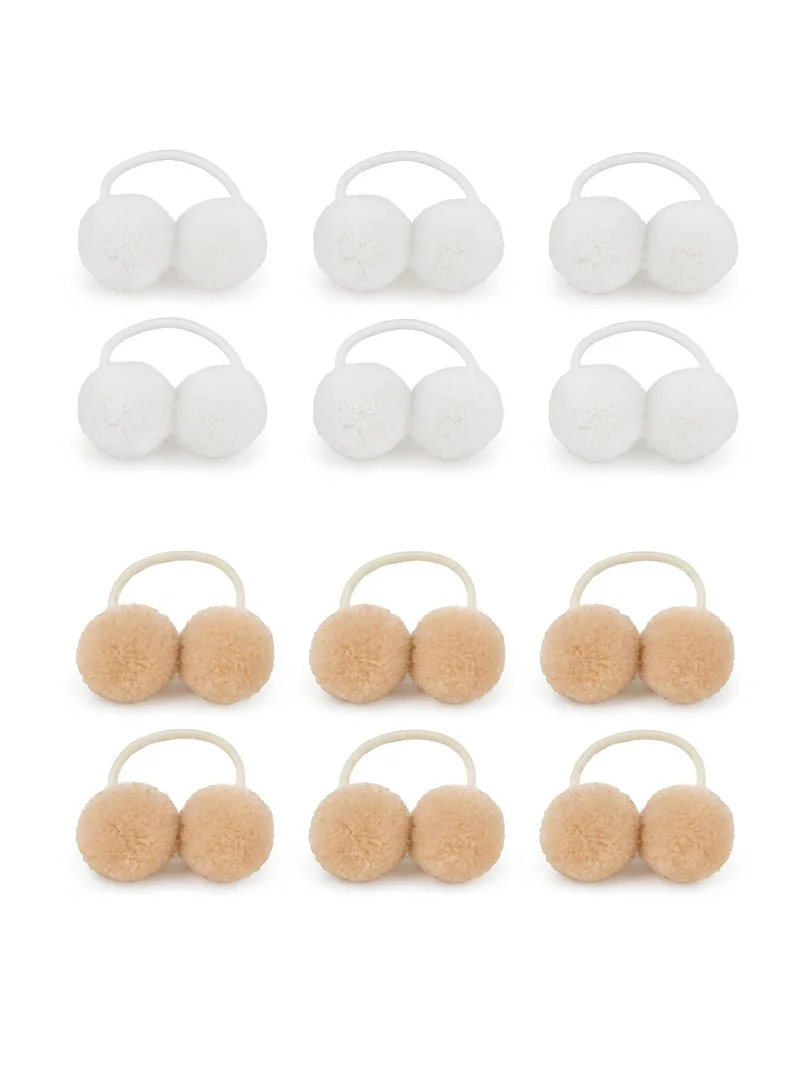 Pompom balls Hair Ties – 24 Pieces – Girls' Elastic Hair Ties & Ponytail Holders for Toddlers and Children, Colorful Hair Accessories for School, Daily Wear & Parties Beige