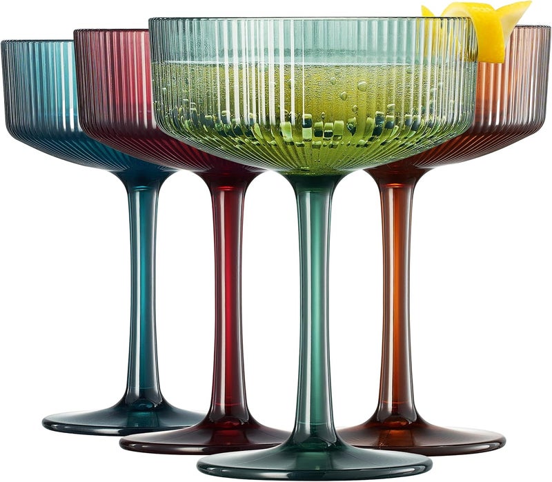 Khen Shatterproof Acrylic Ribbed Vintage Art Deco Martini, Champagne & Cocktail Muted Color Plastic Tritan Coupe Glasses | Set of 4 | 8 oz Ripple Glassware Classic Cocktail Indoor & Outdoor, European - Image 1