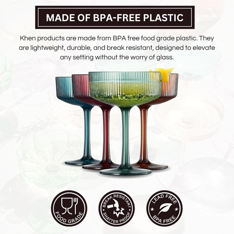 Khen Shatterproof Acrylic Ribbed Vintage Art Deco Martini, Champagne & Cocktail Muted Color Plastic Tritan Coupe Glasses | Set of 4 | 8 oz Ripple Glassware Classic Cocktail Indoor & Outdoor, European - Image 3