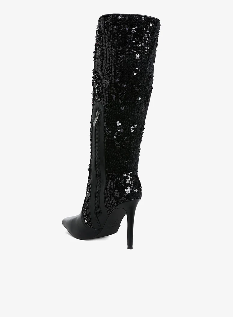 London Rag Black Sequin Embellished Stiletto Long Boots in Black for Women | Best Price UAE