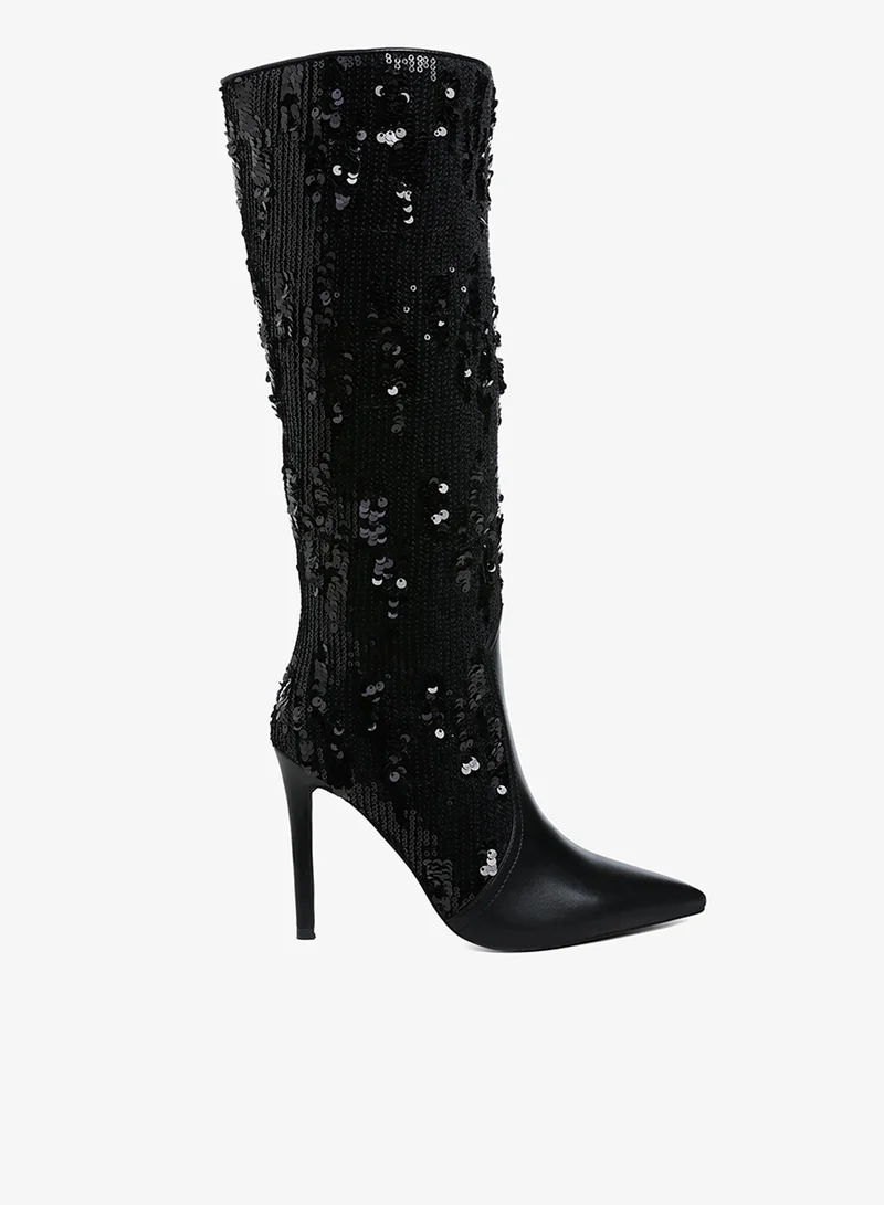 London Rag Sequin Embellished Stiletto Long Boots in Black
