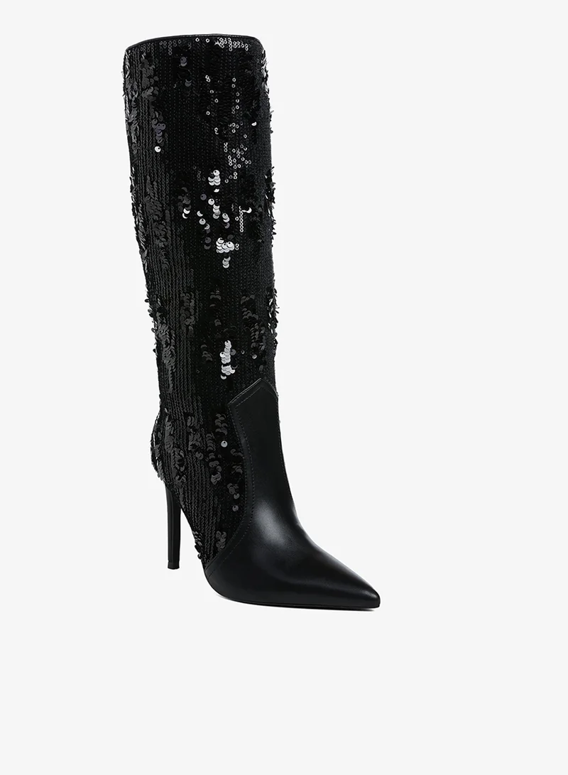 London Rag Sequin Embellished Stiletto Long Boots in Black