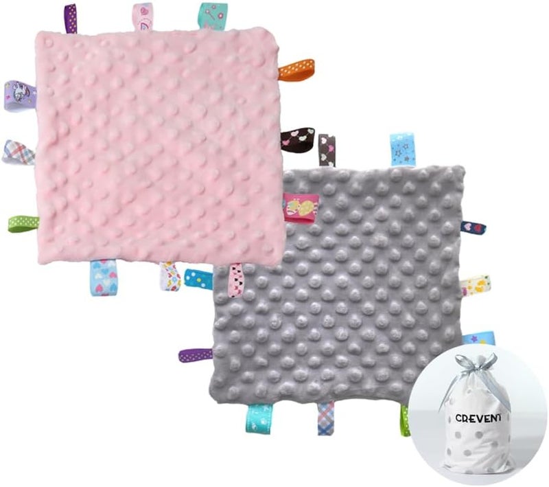 CREVENT Tag Security Blankets for Babies, Soft Small Taggie for Boys Girls, Baby Comforter Sensory Blanket, Great Gifts for Birthday Baby Shower 10"X10" (Pink+Grey) - Image 1