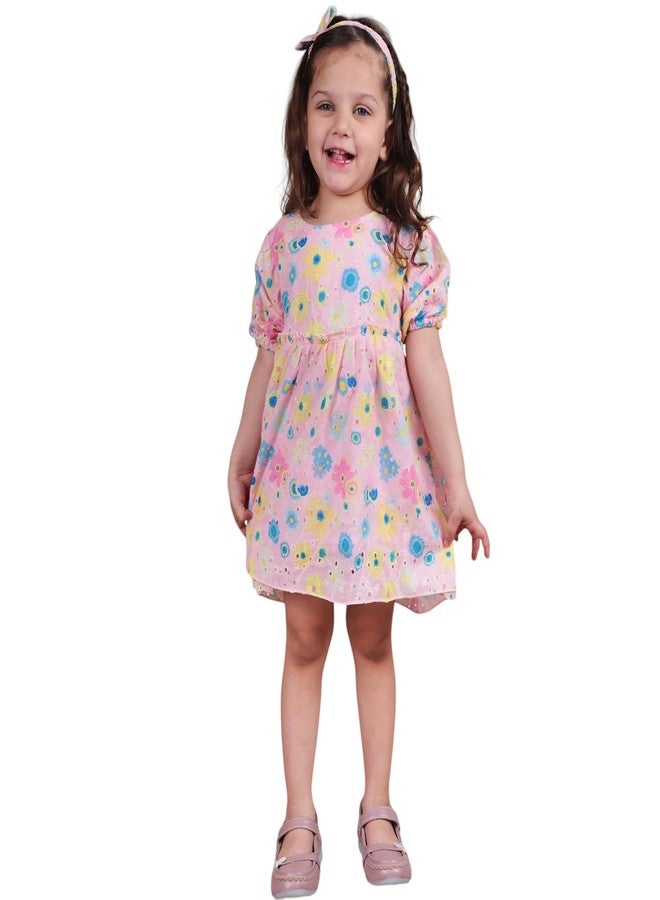 POLKA TOTS Half Sleeves Floral Print Frock with Headband - Pink -4-5 Y - Image 1