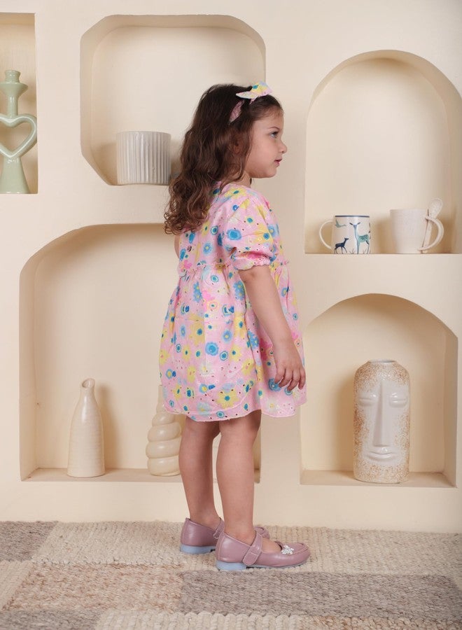 POLKA TOTS Half Sleeves Floral Print Frock with Headband - Pink -4-5 Y - Image 4