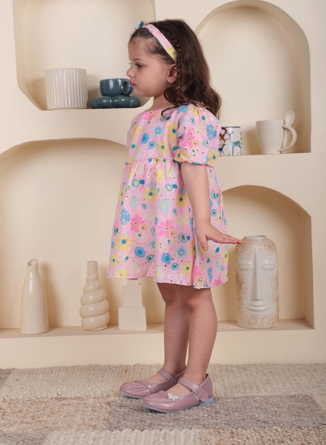 POLKA TOTS Half Sleeves Floral Print Frock with Headband - Pink -4-5 Y - Image 3