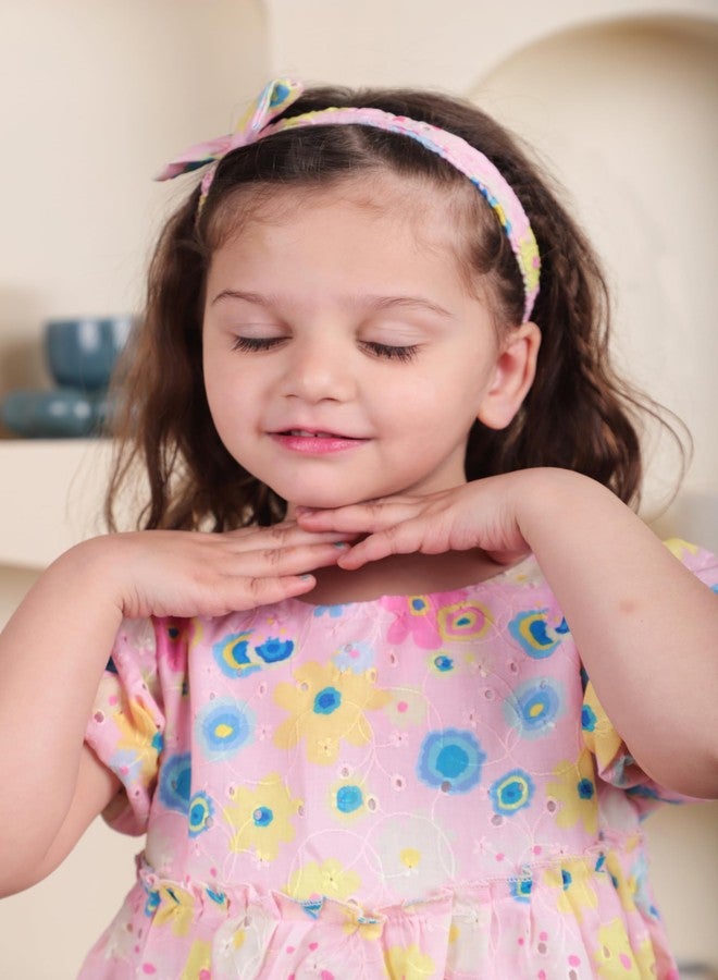 POLKA TOTS Half Sleeves Floral Print Frock with Headband - Pink -4-5 Y - Image 5