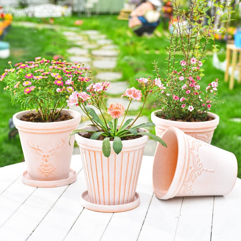 Sungmor Set of 3 Terra Cotta Pots With Saucer & Drainage Hole - 8 Inch Large & Deep Clay Planters, Unique Embossed & Pretty Color Pottery for Plants, Orchid, Cactus, Succulent - Image 3