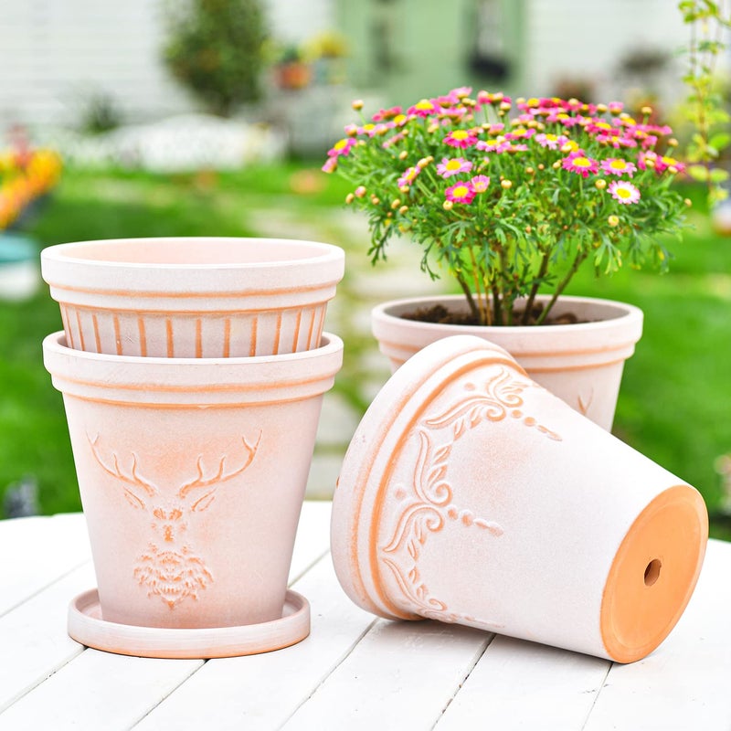 Sungmor Set of 3 Terra Cotta Pots With Saucer & Drainage Hole - 8 Inch Large & Deep Clay Planters, Unique Embossed & Pretty Color Pottery for Plants, Orchid, Cactus, Succulent - Image 1