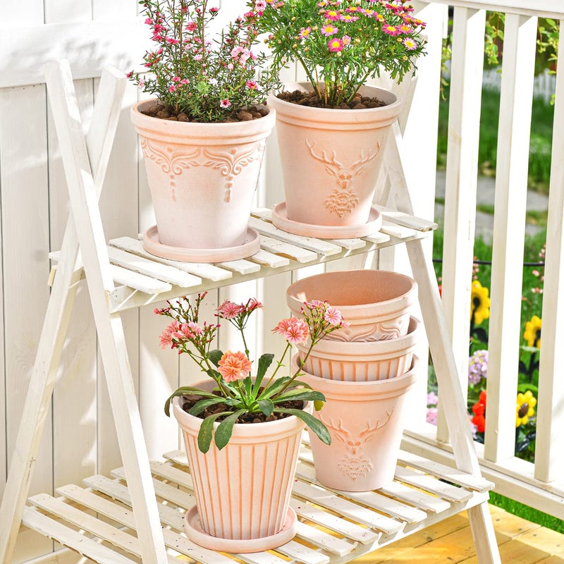 Sungmor Set of 3 Terra Cotta Pots With Saucer & Drainage Hole - 8 Inch Large & Deep Clay Planters, Unique Embossed & Pretty Color Pottery for Plants, Orchid, Cactus, Succulent - Image 5