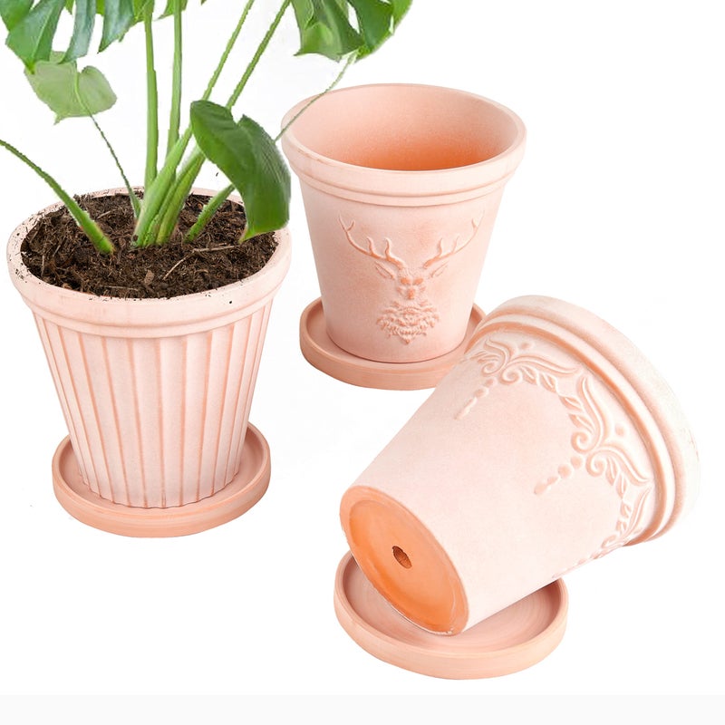 Sungmor Set of 3 Terra Cotta Pots With Saucer & Drainage Hole - 8 Inch Large & Deep Clay Planters, Unique Embossed & Pretty Color Pottery for Plants, Orchid, Cactus, Succulent - Image 2