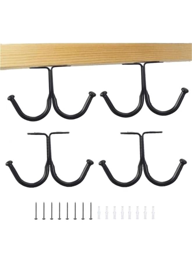 Iron Ceiling Hanging Hook,4-Pack Metal Robe Holders,Storage Hook with Double Prong,Coat Towel Hat Hangers Under Cabinet Wardrobe Shelf (4, Black) - Image 1