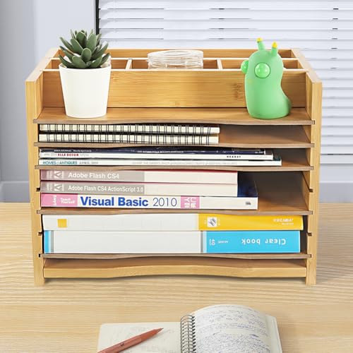 WKWKER 5Tiers Bamboo File Organizer Paper Organizer Mail Sorter Document Letter Trays Desk Organizer with 4 Dividers for Office Home Study Desk Storage Natural Color - Image 3