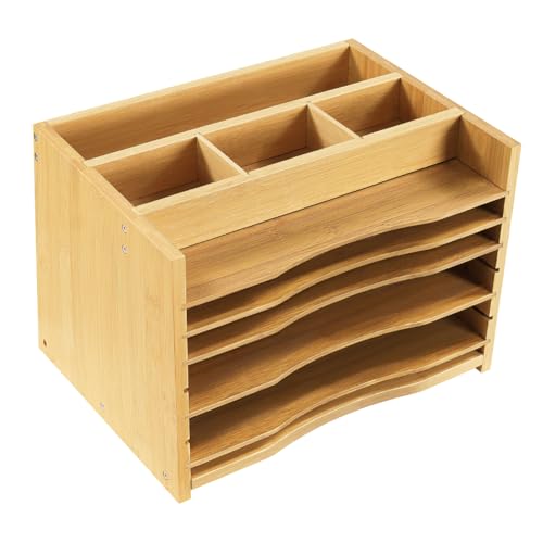 WKWKER 5Tiers Bamboo File Organizer Paper Organizer Mail Sorter Document Letter Trays Desk Organizer with 4 Dividers for Office Home Study Desk Storage Natural Color - Image 1