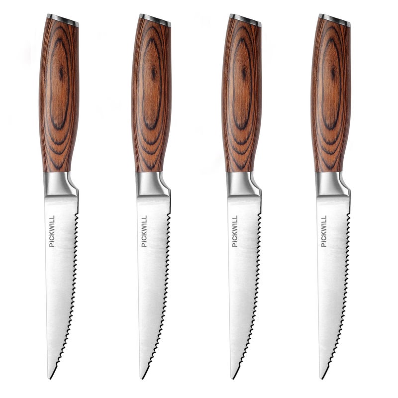 PICKWILL Steak KnivesSteak Knives Set of 4 Ergonomic Wood Handle 45 Inch High Carbon Stainless Steel Serrated Steak Knives Set with Gift Box
