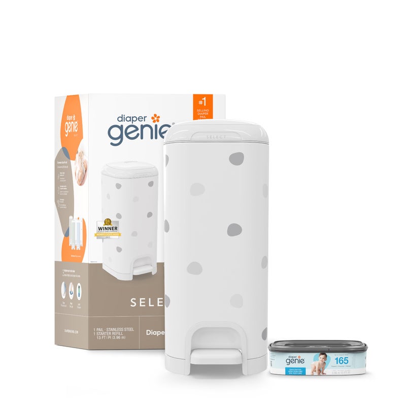 Diaper Genie Diaper Genie Select Pail Polka Dot is Made of Durable Stainless Steel and Includes 1 Starter Square Refill That can Hold up to 165 NewbornSized Diapers 