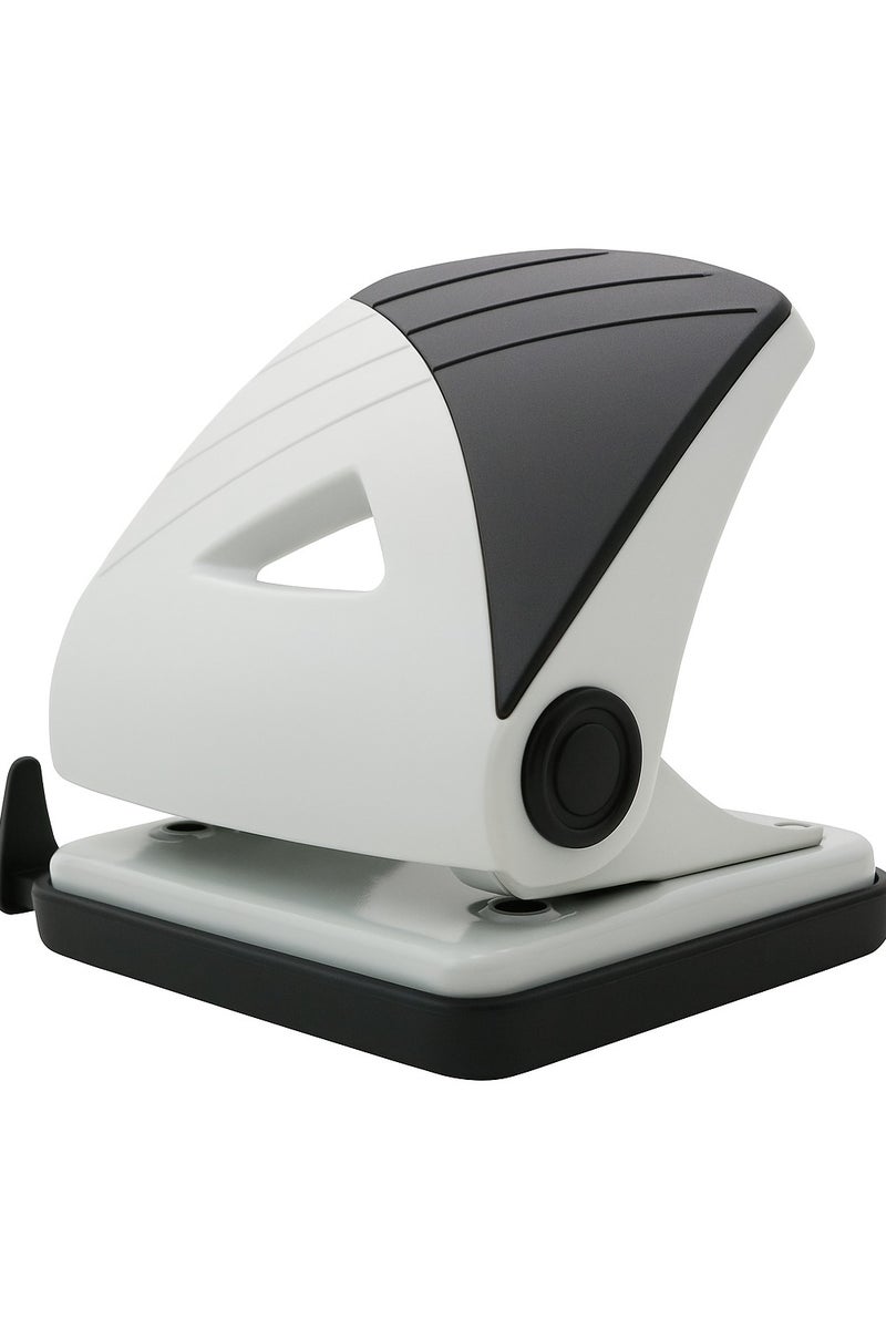 ROCO Desk Puncher P-515, 2-Hole, 25-Sheet Capacity, Metal & Plastic with Paper Guide, Black/White - Image 1