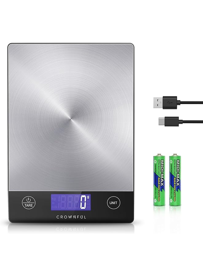 CROWNFUL 15Kg Food Scale, Rechargeable 304 Stainless Steel Digital Kitchen Scale Grams and Ounces with LCD Display and Type-C Charging for Baking and Cooking - Image 1