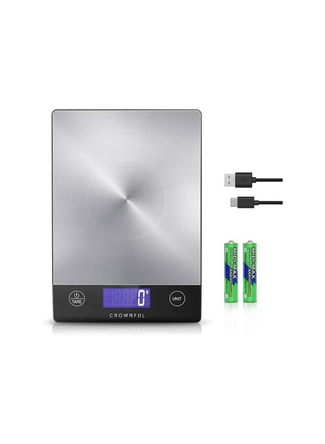 CROWNFUL 15Kg Food Scale, Rechargeable 304 Stainless Steel Digital Kitchen Scale Grams and Ounces with LCD Display and Type-C Charging for Baking and Cooking - Image 2