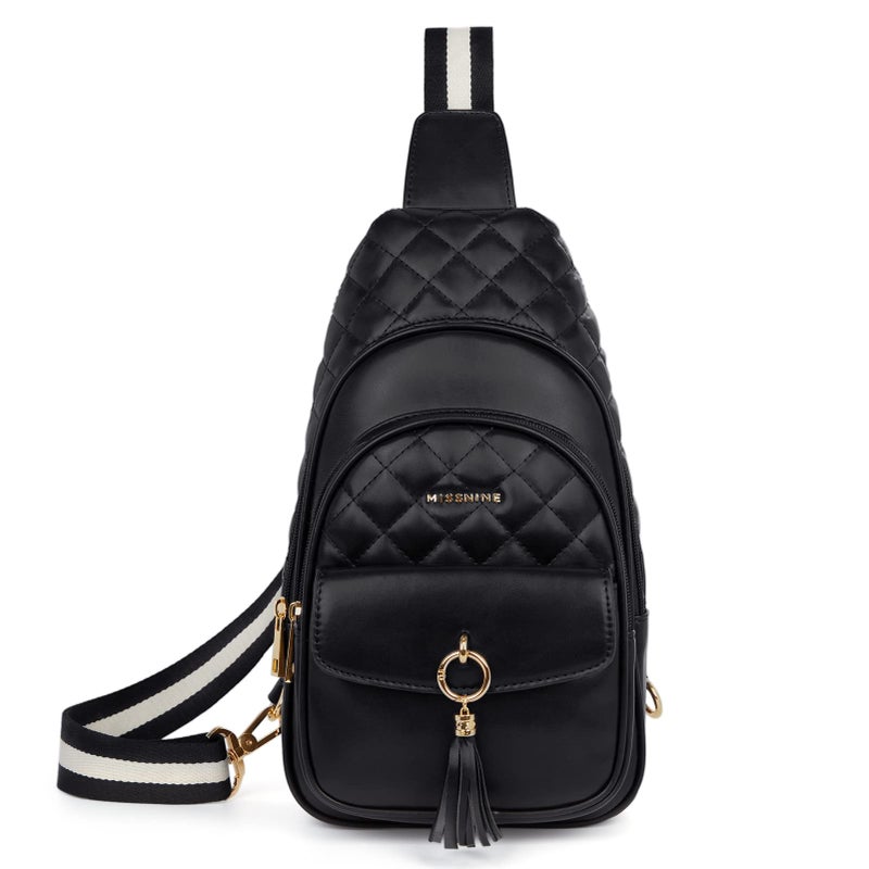 Missnine PU Leather Sling Bag for Women Quilted Chest Crossbody Trendy Travel Bag for Hiking Cycling with Tassel