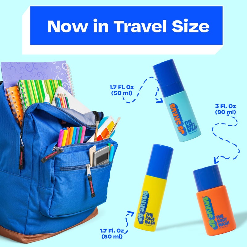 JB SKRUB The Junior Travel Trio - Complete Skin Care Set for Kids, Tweens & Teens: Hydrating Body Wash, Refreshing Body Spray, & Gentle Face Wash - Image 1