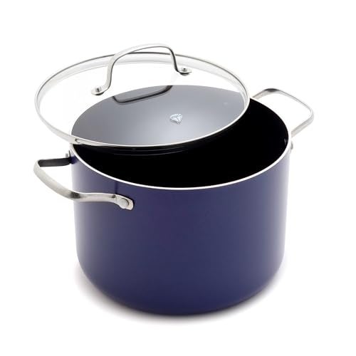 Blue Diamond 8QT Nonstick Stockpot with Glass Lid PFASFree Ceramic Multipurpose Cooking Sauces Soups Pasta Boiling Canning Pot Dishwasher Oven Safe Stainless Steel Handles Navy