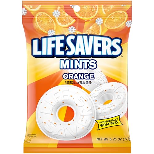Life Savers حلوى لايف سيفرز بالبرتقال، حلوى نعناع مغلفة بشكل فردي للوجبات الخفيفة، المشاركة، حفلات المكتب وتخزين المؤن 625 أونصة 12 كيس حلوى صلبة - Image 1
