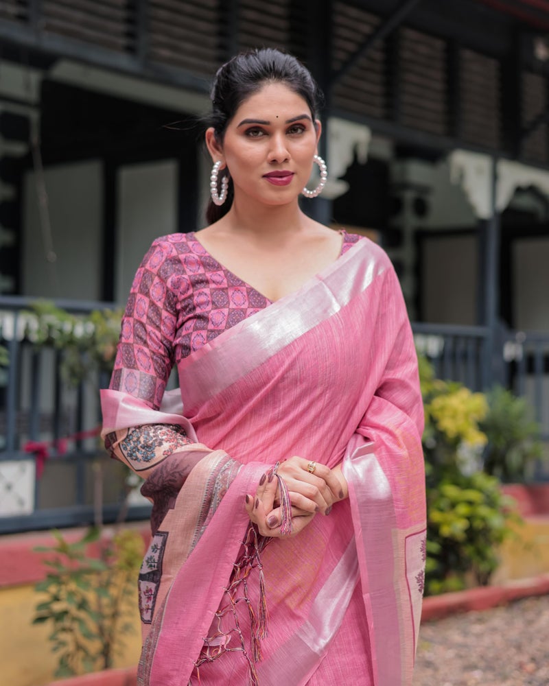 SGF11 Women's Linen Printed Saree With Unstitched Blouse Piece (Peach) - Image 5