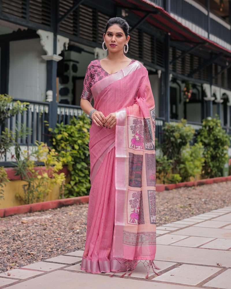 SGF11 Women's Linen Printed Saree With Unstitched Blouse Piece (Peach) - Image 2