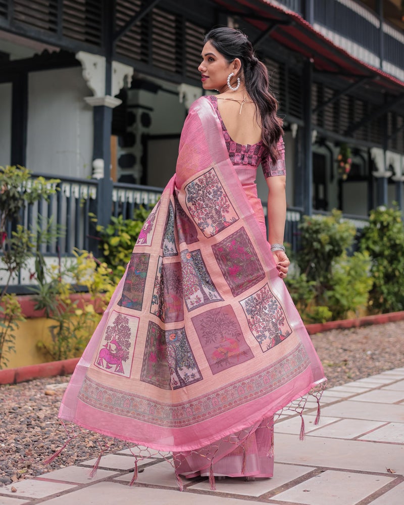 SGF11 Women's Linen Printed Saree With Unstitched Blouse Piece (Peach) - Image 4