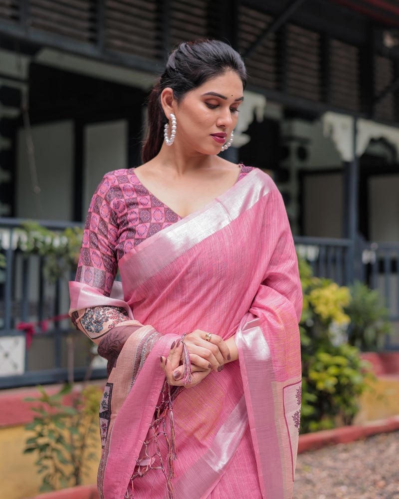SGF11 Women's Linen Printed Saree With Unstitched Blouse Piece (Peach) - Image 3