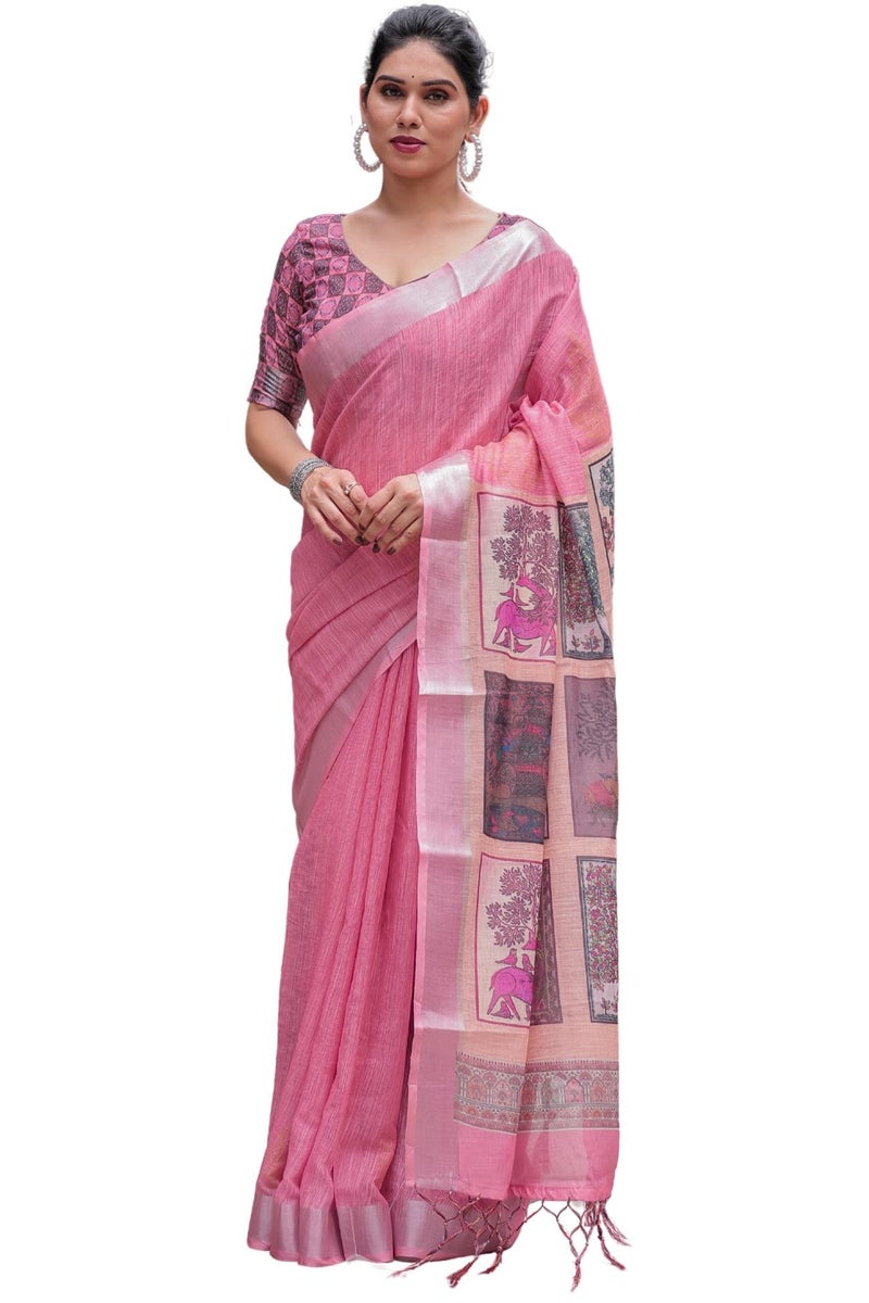 SGF11 Women's Linen Printed Saree With Unstitched Blouse Piece (Peach) - Image 1