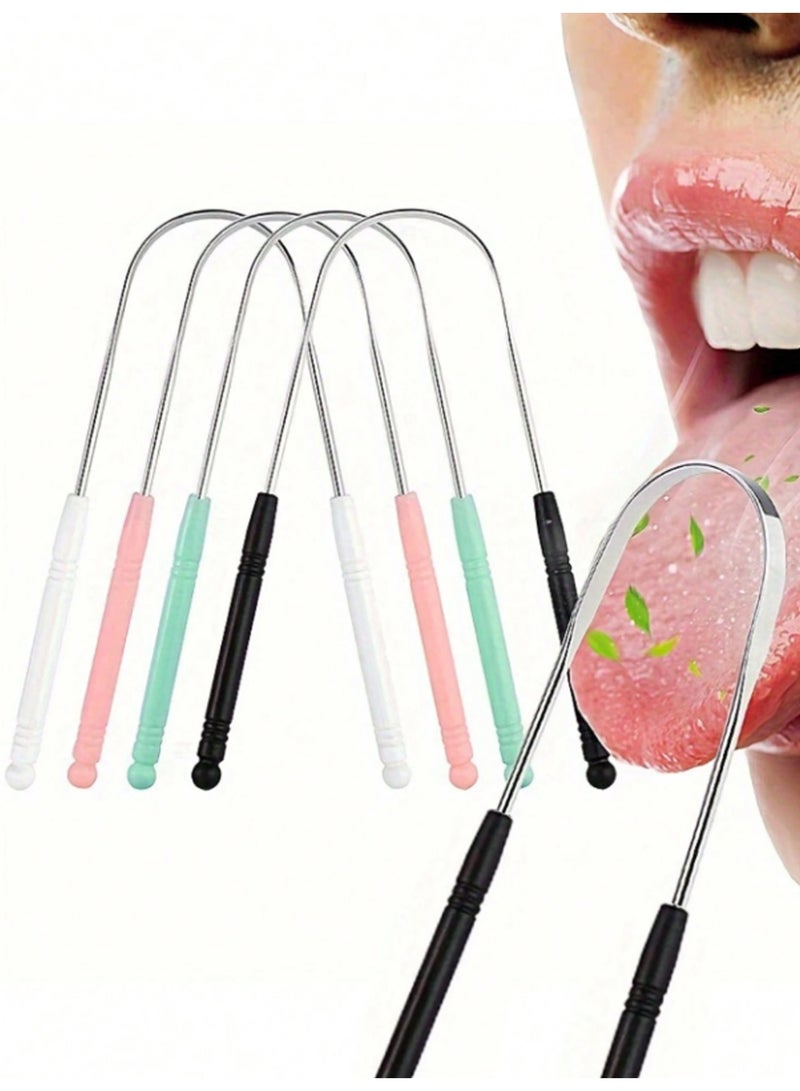 4PC الفولاذ المقاوم للصدأ مريحة يو شكل اللسان مكشطة ، نظافة الفم ، مكشطة اللسان الكبار ، وإزالة رائحة الفم الكريهة ، مكشطة اللسان أدوات صحة الفم ، أربعة ألوان ( الوردي + الأسود + الأبيض + الأخضر ) - Image 1