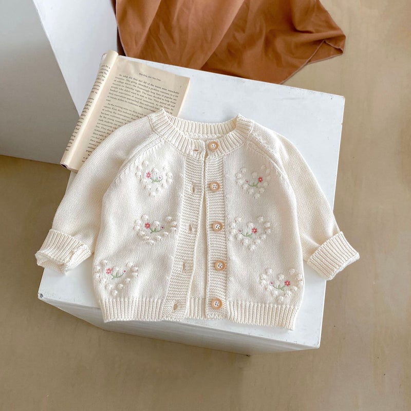 Ins2025 Girls Knitted Cardigan Two-Piece Set Baby Infant Polka Dot Heart-Shaped Embroidered Cardigan + Khaki - Image 4