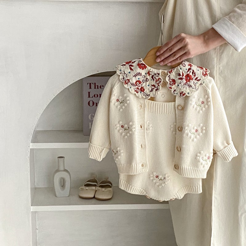 Ins2025 Girls Knitted Cardigan Two-Piece Set Baby Infant Polka Dot Heart-Shaped Embroidered Cardigan + Khaki - Image 2