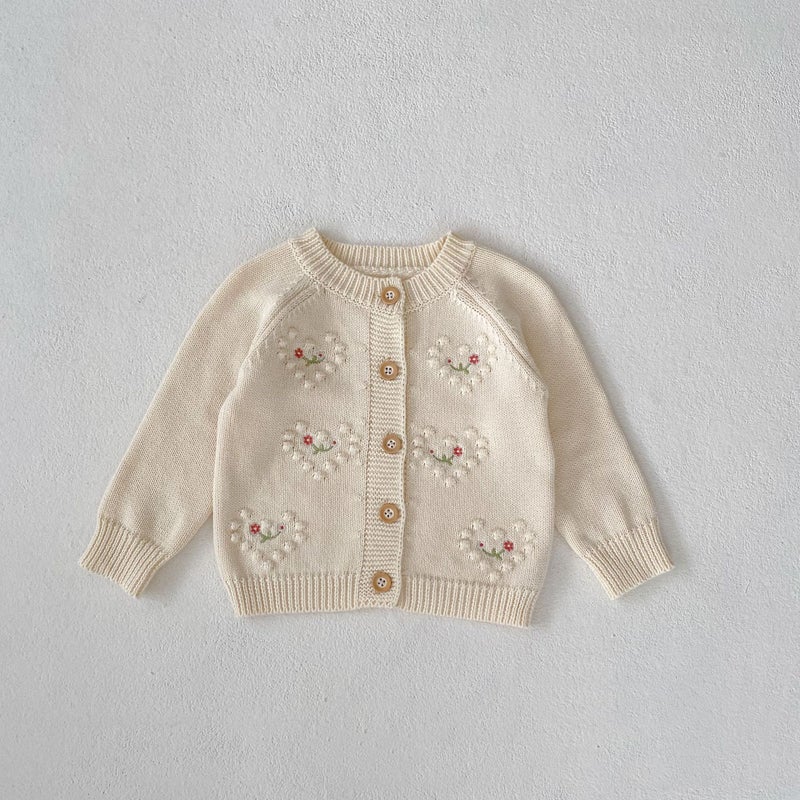Ins2025 Girls Knitted Cardigan Two-Piece Set Baby Infant Polka Dot Heart-Shaped Embroidered Cardigan + Khaki - Image 1