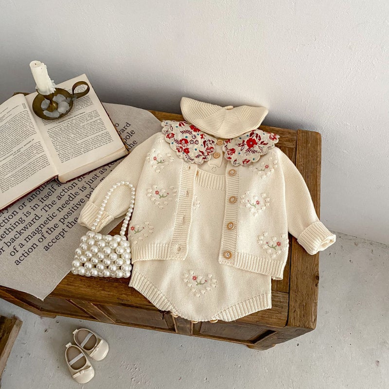 Ins2025 Girls Knitted Cardigan Two-Piece Set Baby Infant Polka Dot Heart-Shaped Embroidered Cardigan + Khaki - Image 3