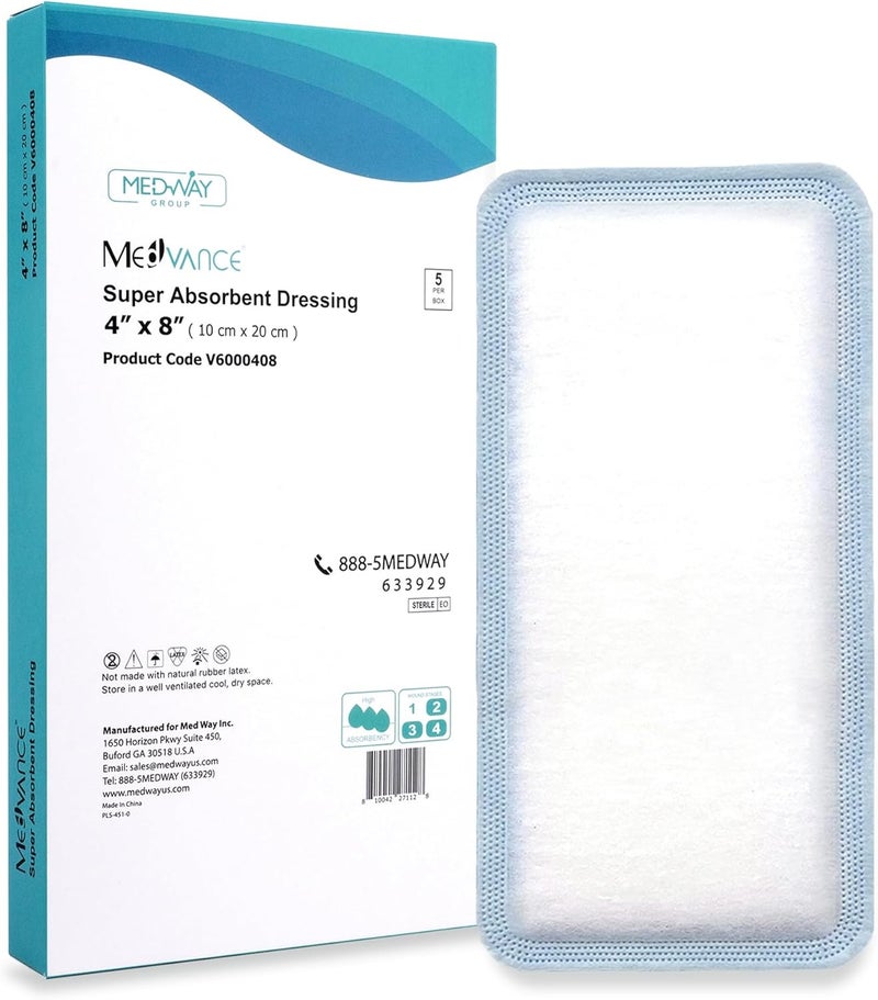 MedVance Super Absorbent Dressing, Dressing Pads for Wound Care, for Pressure Ulcers and 1st/2nd Degree Burns, Superior Moisture Absorbency Bandages, Box of 5 dressings (4"x8")