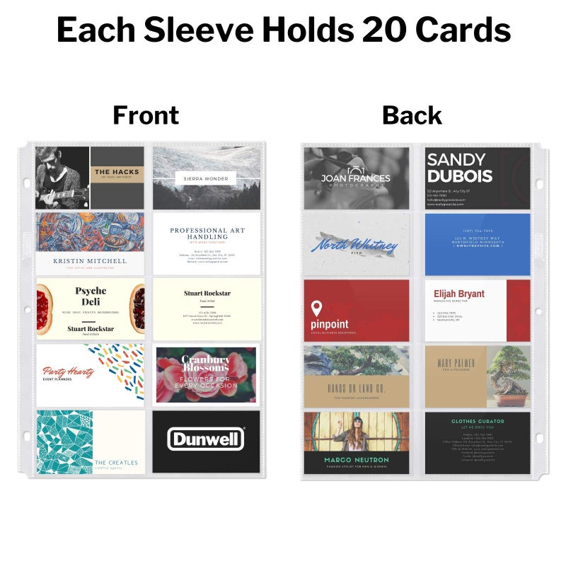 Dunwell Business Card Holder Sleeves (25 Pack for 500 Cards), Heavyweight Plastic Sheet Protect, Each Sleeve Holds 20 2x3.5 Namecards, 3-Hole Punched, Fits 3-Ring Binders - Image 4