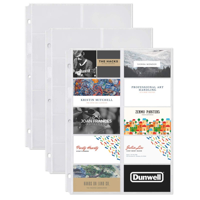 Dunwell Business Card Holder Sleeves (25 Pack for 500 Cards), Heavyweight Plastic Sheet Protect, Each Sleeve Holds 20 2x3.5 Namecards, 3-Hole Punched, Fits 3-Ring Binders - Image 1