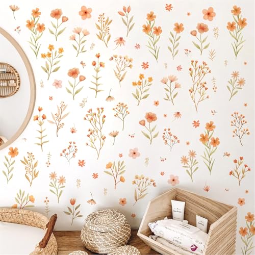 Kazova Boho Small Flower Wall Stickers Watercolor Small Floral Wall Decals Peel and Stick Cute Botanical Wildflower Wall Decals Cute Flower Wall Stickers for Girls Room Bedroom Nursery Decor - Image 1