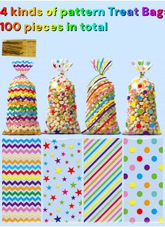RTYY 100 Pcs Colorful Cellophane Treat Bags, Five-pointed Star Stripes Printed Pattern Candy Favor Bags with Twist Ties, plastic birthday treats bags Party Favor Gift Wrapping Bags for Pride Day Baby Shower Birthday Party Supplies Cookie Cake Chocolate Candy Snack  - Image 2