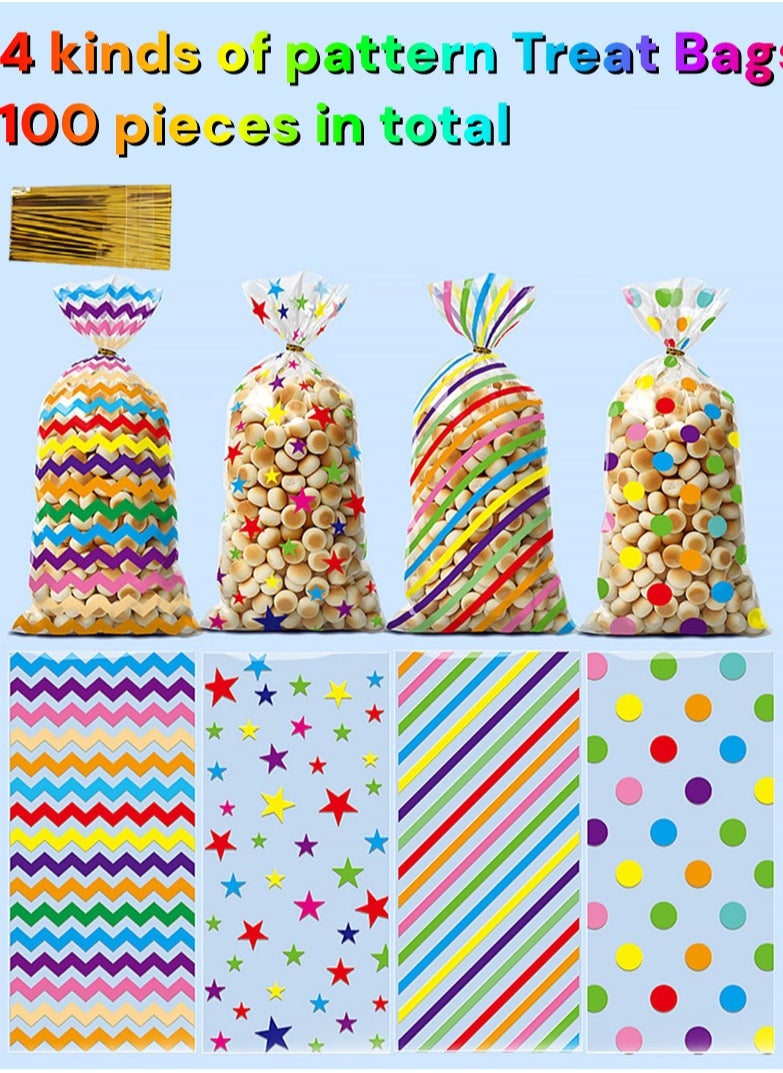 RTYY 100 Pcs Colorful Cellophane Treat Bags, Five-pointed Star Stripes Printed Pattern Candy Favor Bags with Twist Ties, plastic birthday treats bags Party Favor Gift Wrapping Bags for Pride Day Baby Shower Birthday Party Supplies Cookie Cake Chocolate Candy Snack  - Image 2