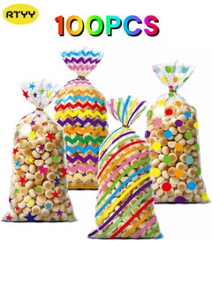 RTYY 100 Pcs Colorful Cellophane Treat Bags, Five-pointed Star Stripes Printed Pattern Candy Favor Bags with Twist Ties, plastic birthday treats bags Party Favor Gift Wrapping Bags for Pride Day Baby Shower Birthday Party Supplies Cookie Cake Chocolate Candy Snack  - Image 1