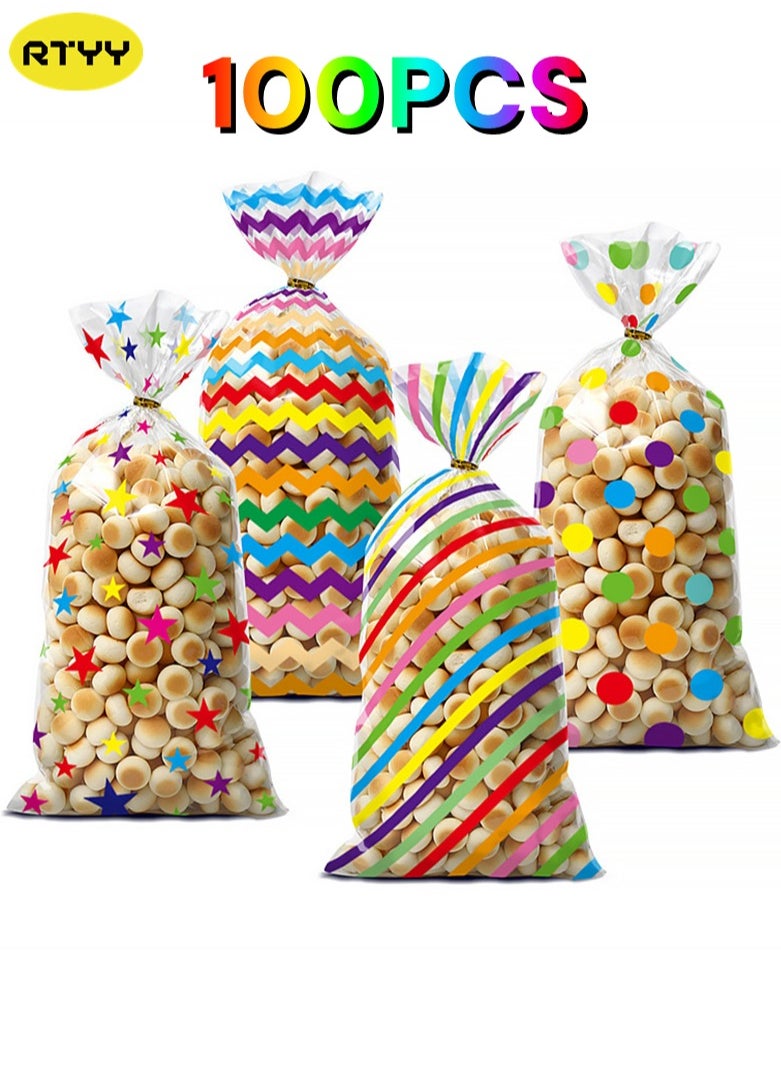 RTYY 100 Pcs Colorful Cellophane Treat Bags, Five-pointed Star Stripes Printed Pattern Candy Favor Bags with Twist Ties, plastic birthday treats bags Party Favor Gift Wrapping Bags for Pride Day Baby Shower Birthday Party Supplies Cookie Cake Chocolate Candy Snack  - Image 1