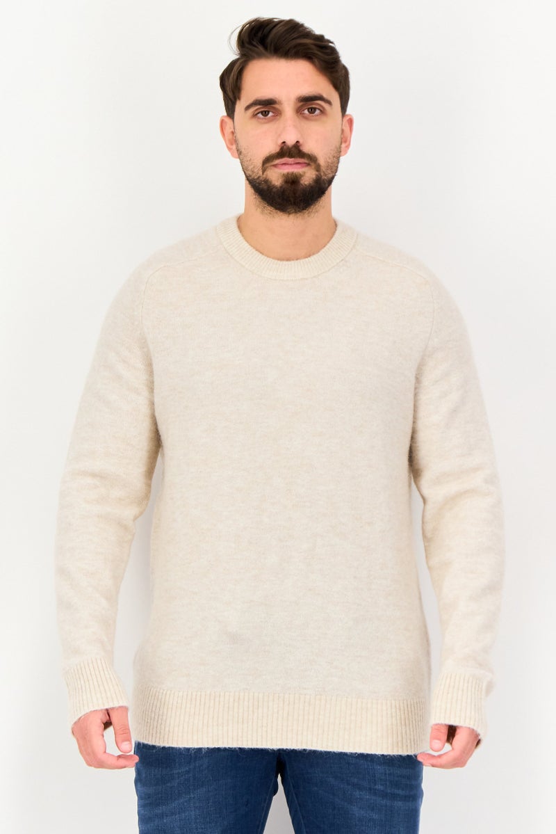Selected Homme Men Crew Neck Long Sleeve Textured Sweater, Beige - Image 1