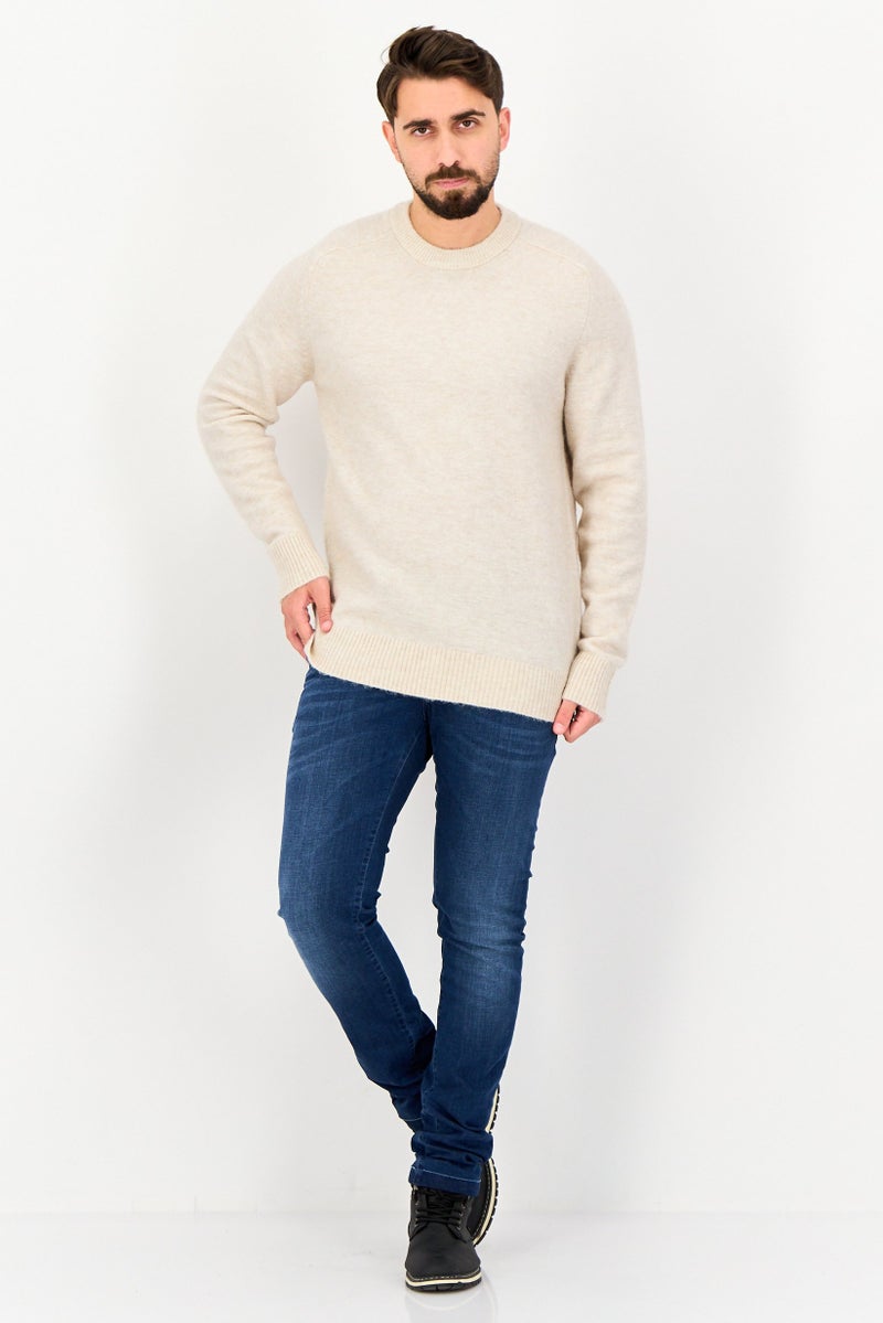 Selected Homme Men Crew Neck Long Sleeve Textured Sweater, Beige - Image 3