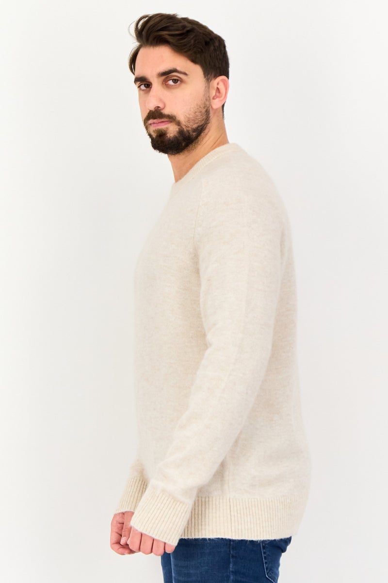 Selected Homme Men Crew Neck Long Sleeve Textured Sweater, Beige - Image 2